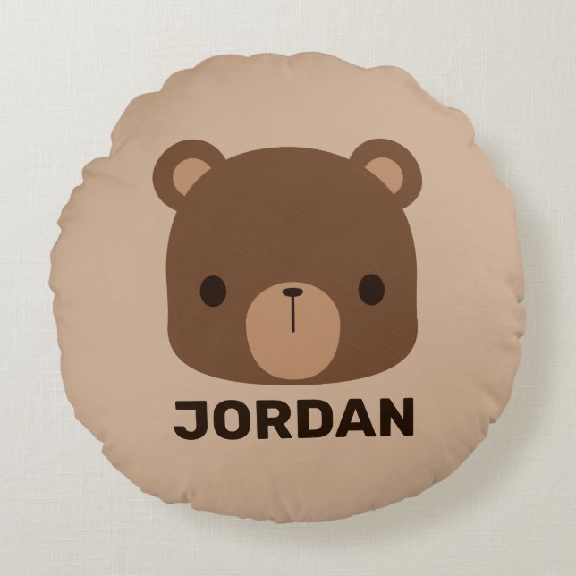 Cojín Redondo Oso marrón lindo con nombre personalizado Roun (Anverso)