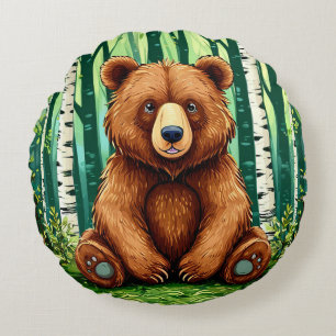 Cojín Redondo Oso Pardo en un Bosque de Abedules