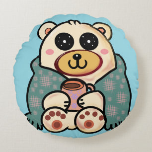 Cojín Redondo Oso Polar Personalizado con Café   Arte Adorable d
