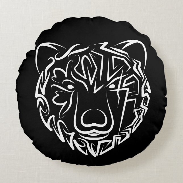 Cojín Redondo Oso tribal blanco y negro (Anverso)