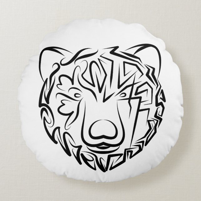 Cojín Redondo Oso tribal blanco y negro (Anverso)