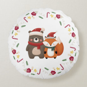 Cojín Redondo Oso y Zorro Lindos de Navidad/Invierno