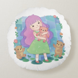 Cojín Redondo Osos de peluche y Ilustracion Chica