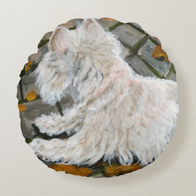 Cojín Redondo Otoño deja a Westie en patio (Anverso)