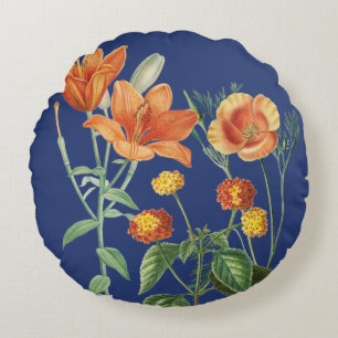 Cojín Redondo Otoño Naranja de acuarela Floral Azul