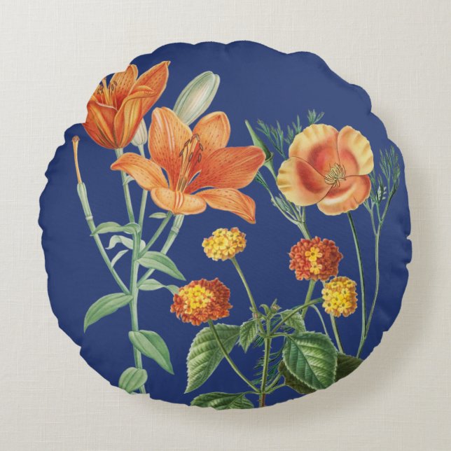 Cojín Redondo Otoño Naranja de acuarela Floral Azul (Anverso)