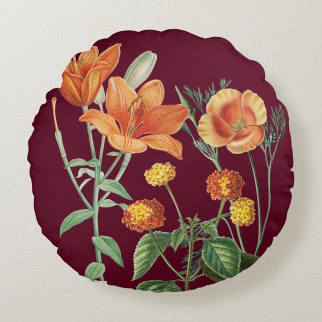 Cojín Redondo Otoño Naranja de acuarela Floral Borgoña (Anverso)