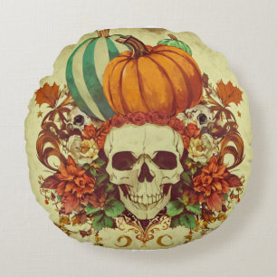 Cojín Redondo Otoño/otoño/Halloween/calabaza/esqueleto