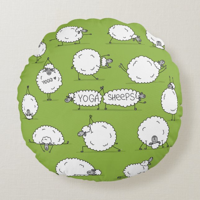 Cojín Redondo Oveja De Yoga: Diversión De Esbozo Whimsical. (Anverso)