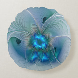 Cojín Redondo Ovejas en pie, abstracto fractal turquesa azul