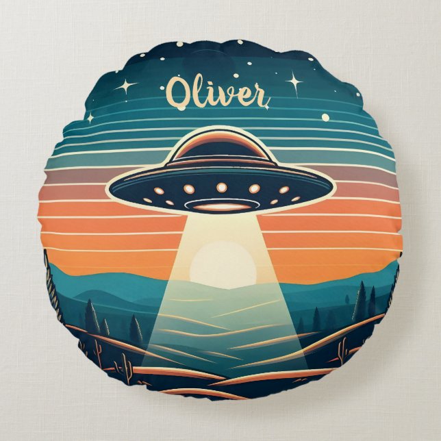 Cojín Redondo OVNI vintage personalizado al atardecer (Anverso)