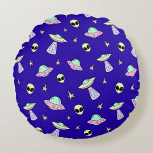 Cojín Redondo OVNIs, caras de alienígenas y estrellas sobre fond