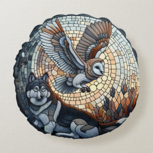 Cojín Redondo Owl and Wolf Mosaic Nature Ai Art