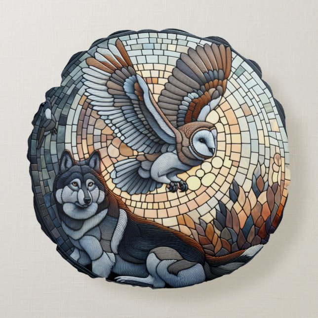 Cojín Redondo Owl and Wolf Mosaic Nature Ai Art (Anverso)