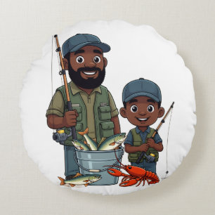 Cojín Redondo Padre e hijo afroamericanos pescando