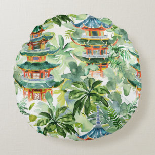 Cojín Redondo Pagoda asiática acuarela en paisaje verde (11)