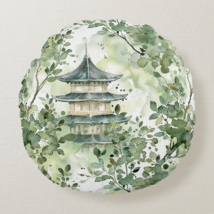 Cojín Redondo Pagoda asiática acuarela en paisaje verde (13)