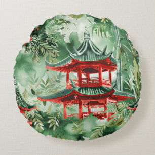 Cojín Redondo Pagoda asiática acuarela en paisaje verde (14)