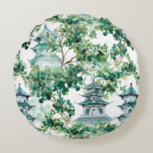 Cojín Redondo Pagoda asiática acuarela en paisaje verde (15)