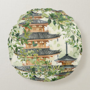 Cojín Redondo Pagoda asiática acuarela en paisaje verde (16)