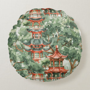 Cojín Redondo Pagoda asiática acuarela en paisaje verde (17)