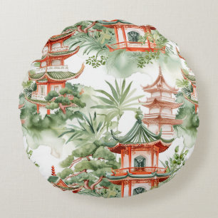 Cojín Redondo Pagoda asiática acuarela en paisaje verde (3)