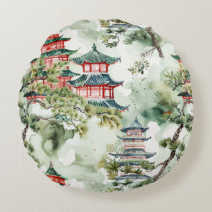 Cojín Redondo Pagoda asiática acuarela en paisaje verde (4)