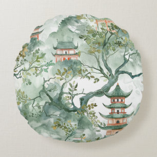Cojín Redondo Pagoda asiática acuarela en paisaje verde (5)