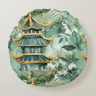 Cojín Redondo Pagoda asiática acuarela en paisaje verde (6)
