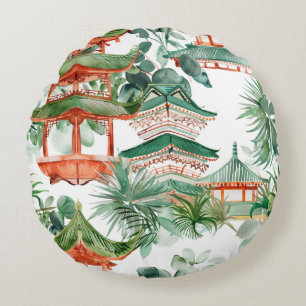 Cojín Redondo Pagoda asiática acuarela en paisaje verde (7)