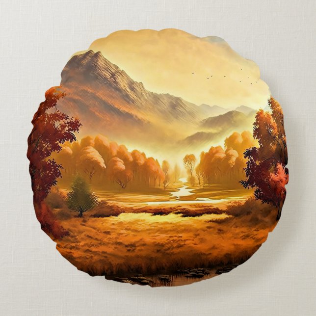 Cojín Redondo Paintaje paisajístico de otoño-1 (Anverso)