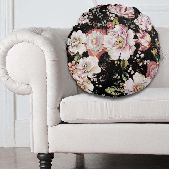 Cojín Redondo País bohemio perrito moda femenina floral negra (Preppy bohemian country girly chic black floral round pillow)