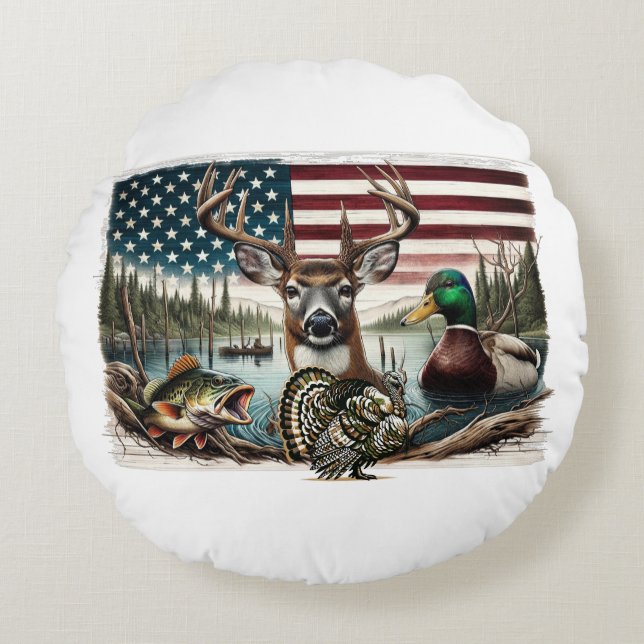 Cojín Redondo País de ciervos y EE.UU. (Anverso)