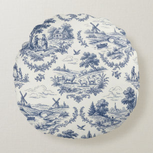 Cojín Redondo País Francés - Toile de Campo Azul y Crema
