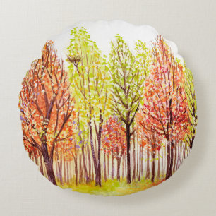 Cojín Redondo Paisaje acuático con árboles de otoño