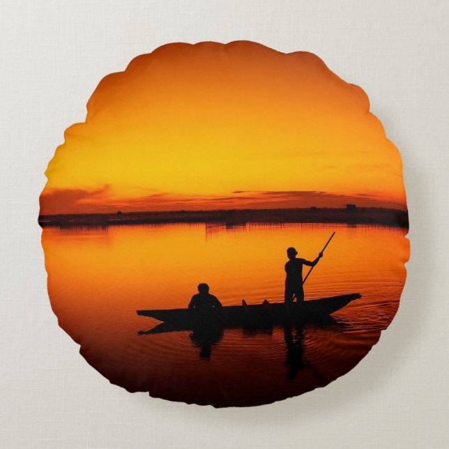 Cojín Redondo Paisaje atardecer con un barco-68465 (Anverso)
