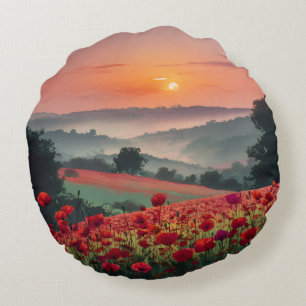 Cojín Redondo Paisaje de amapolas.