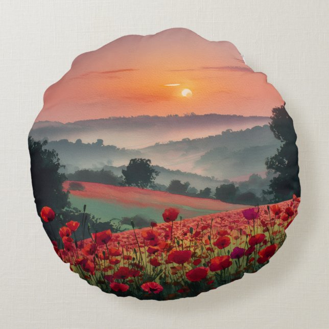 Cojín Redondo Paisaje de amapolas. (Reverso)