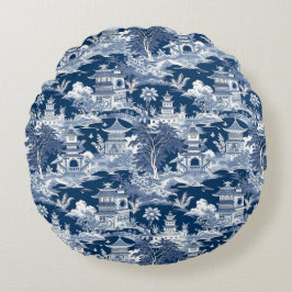 Cojín Redondo Paisaje de Chinoiserie Pintura azul blanco