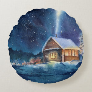 Cojín Redondo Paisaje de invierno de acuarela dibujado a mano