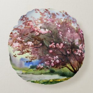 Cojín Redondo Paisaje de la pintura de la acuarela