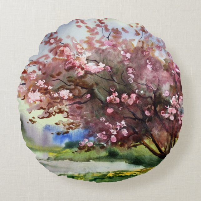 Cojín Redondo Paisaje de la pintura de la acuarela (Anverso)