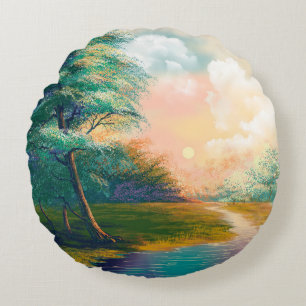 Cojín Redondo Paisaje de pintura de arte digital, río en la prim