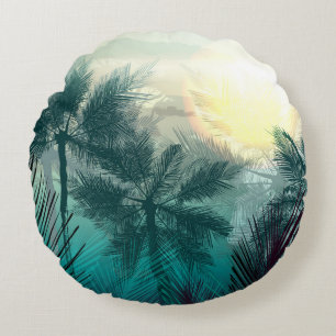 Cojín Redondo Paisaje de selva tropical con palmeras y hojas