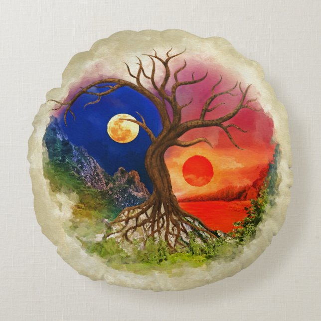 Cojín Redondo Paisaje del árbol Yin Yang (Anverso)