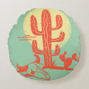 Cojín Redondo Paisaje del desierto con Cactus y cráneo de vaca.