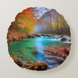 Cojín Redondo Paisaje del río Otoño Tranquilo