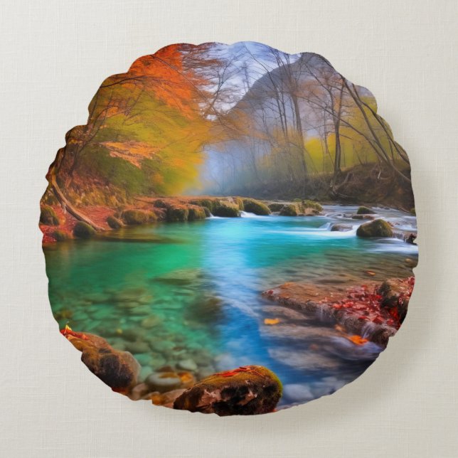 Cojín Redondo Paisaje del río Otoño Tranquilo (Anverso)