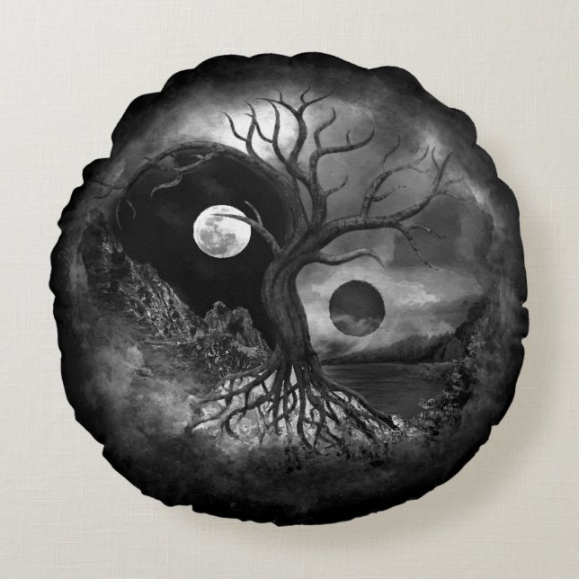 Cojín Redondo Paisaje en blanco y negro del árbol Yin Yang (Anverso)