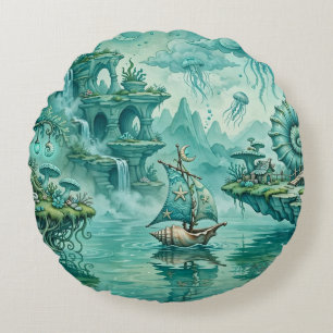 Cojín Redondo Paisaje marino surreal de ensueño en verde cian